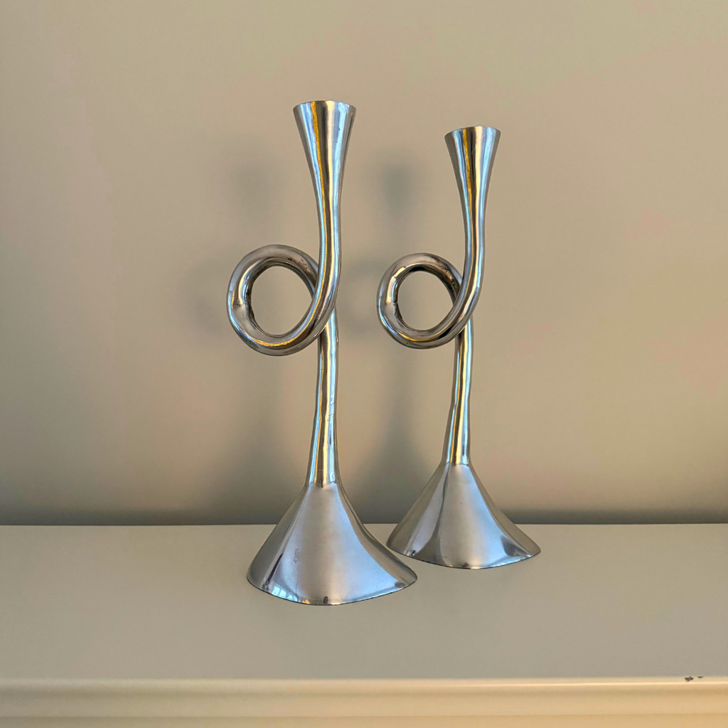 Vintage aluminium spiraal kandelaar - set van 2