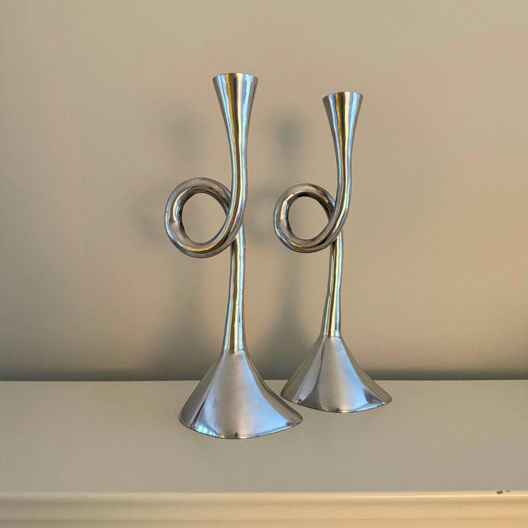 Vintage aluminium spiraal kandelaar - set van 2