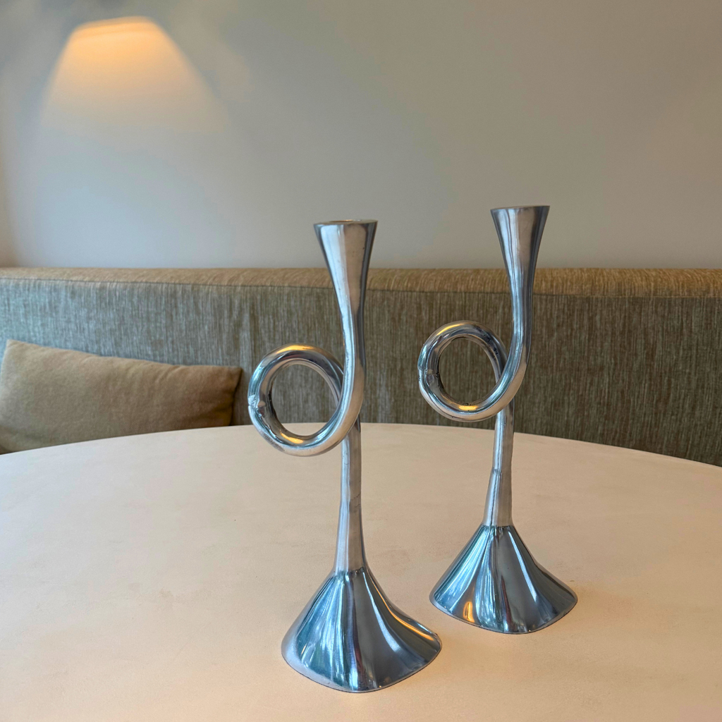 Vintage aluminium spiraal kandelaar - set van 2