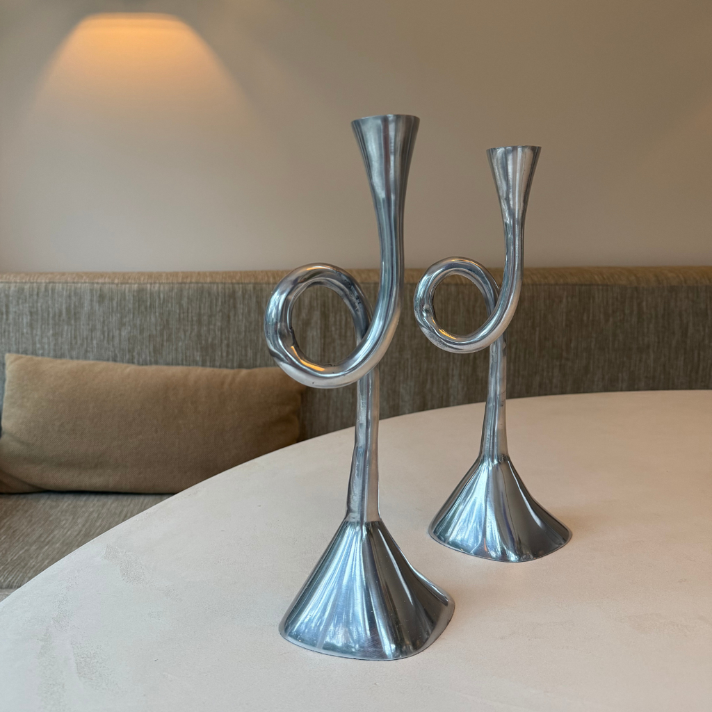 Vintage aluminium spiraal kandelaar - set van 2