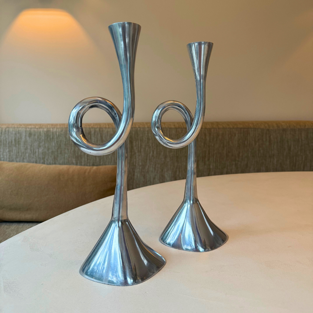 Vintage aluminium spiraal kandelaar - set van 2