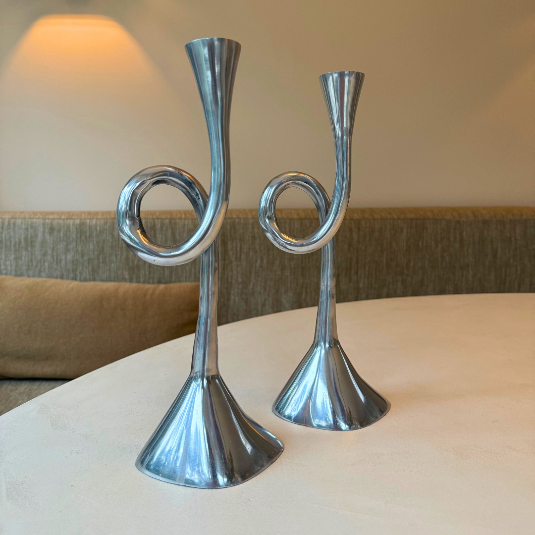 Vintage aluminium spiraal kandelaar - set van 2