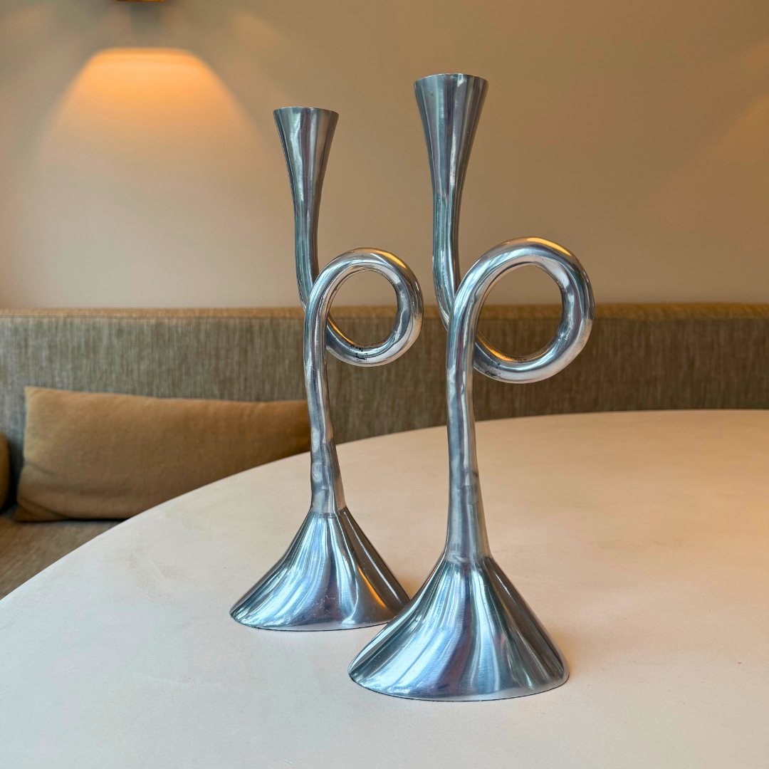 Vintage aluminium spiraal kandelaar - set van 2