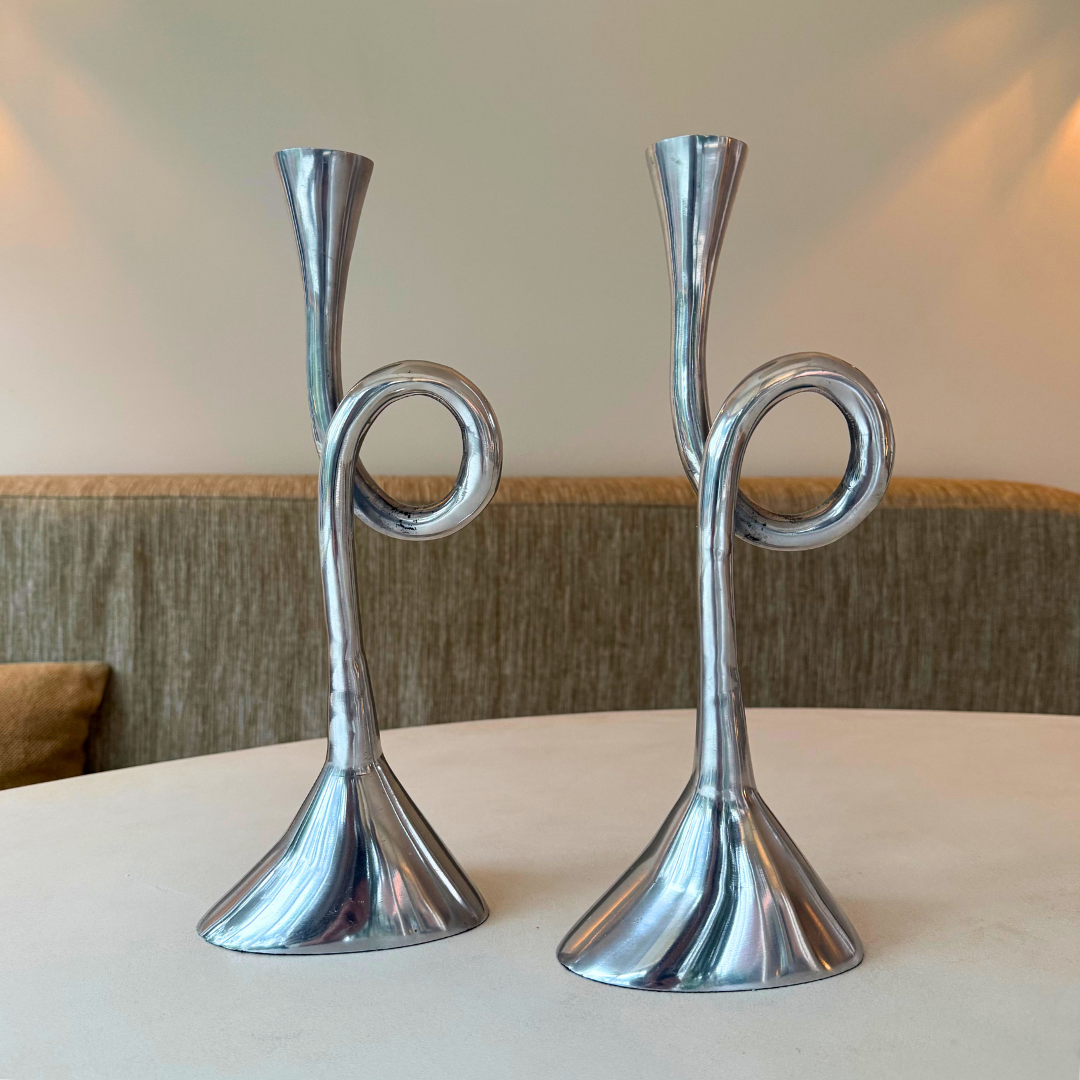 Vintage aluminium spiraal kandelaar - set van 2