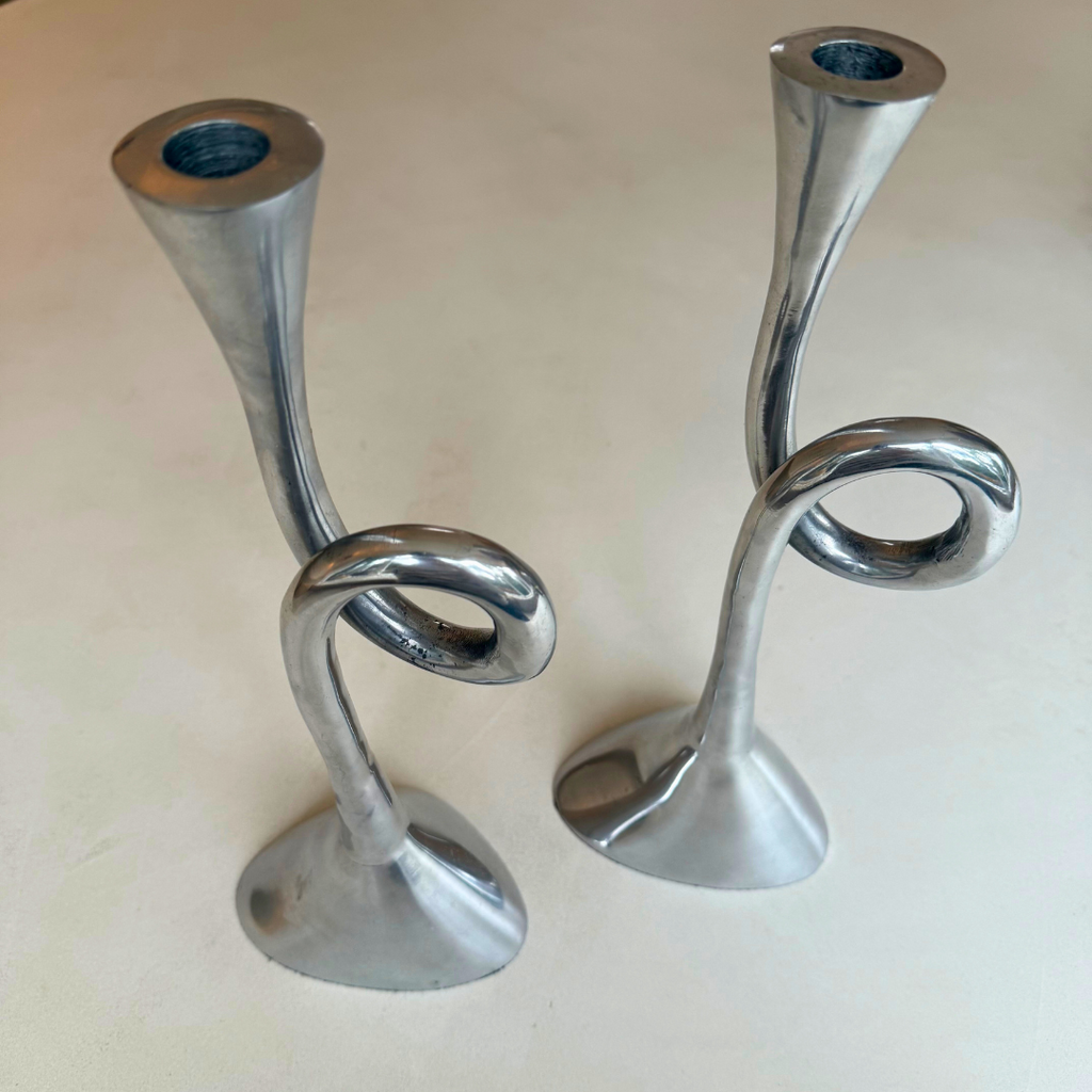 Vintage aluminium spiraal kandelaar - set van 2