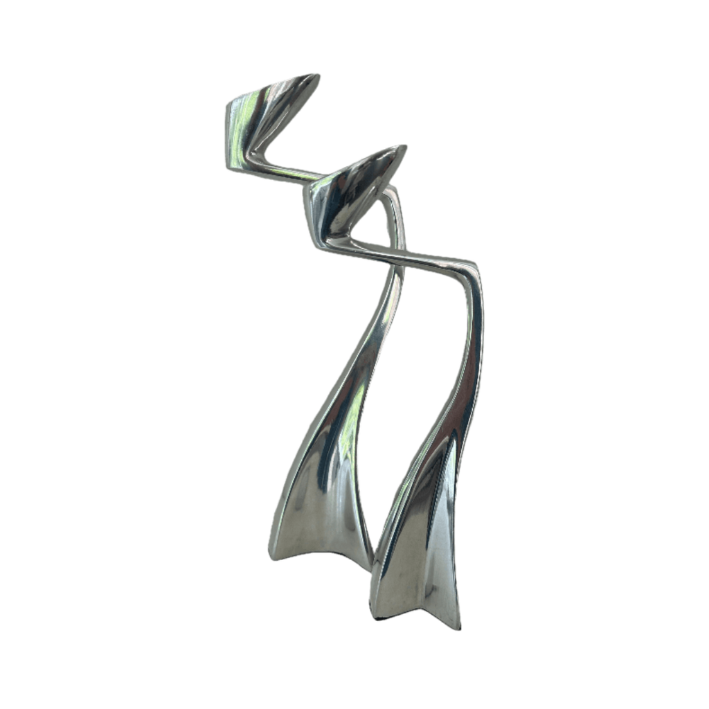 Vintage set aluminium kandelaars Arclumis (Swan) ontworpen door Matthew Hilton voor SCP England. L13cm x B8cm x H36cm en L12cm x B6cm x H30cm