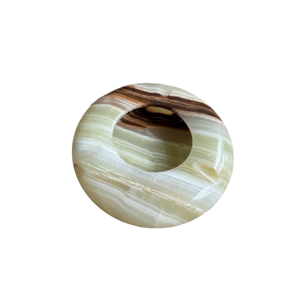Vintage Onyx asbak of catch-all van natuursteen in warme natuurtinten; bruin, wit, beige, groen