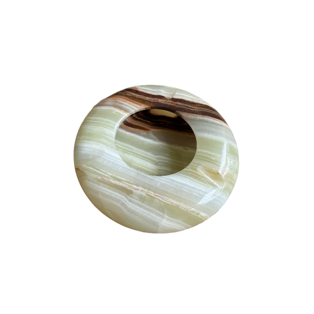 Vintage Onyx asbak of catch-all van natuursteen in warme natuurtinten; bruin, wit, beige, groen
