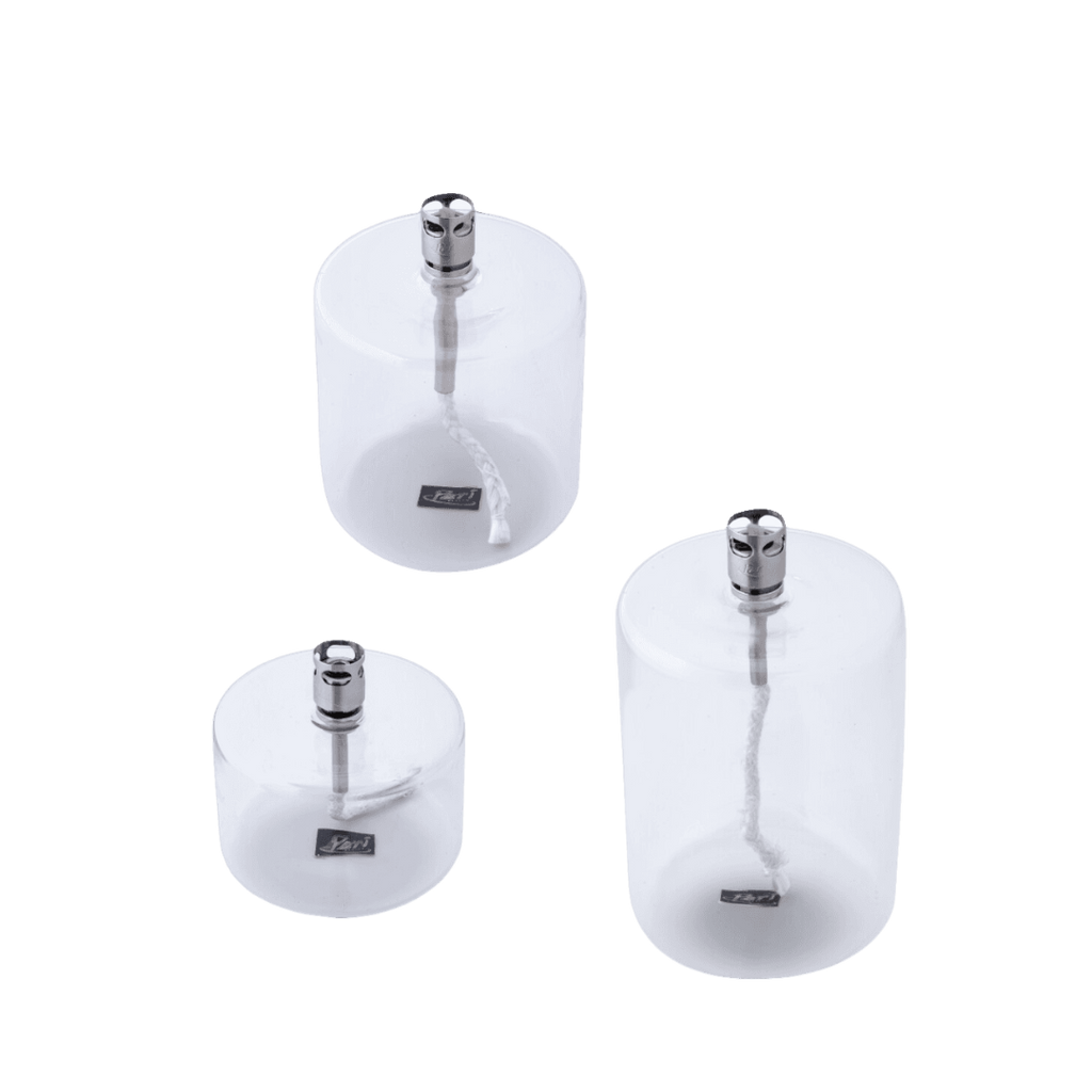 Cylinder Olielampen - elegante cilinder vormige transparant glazen olielampen in 3 verschillende formaten van Peri Living