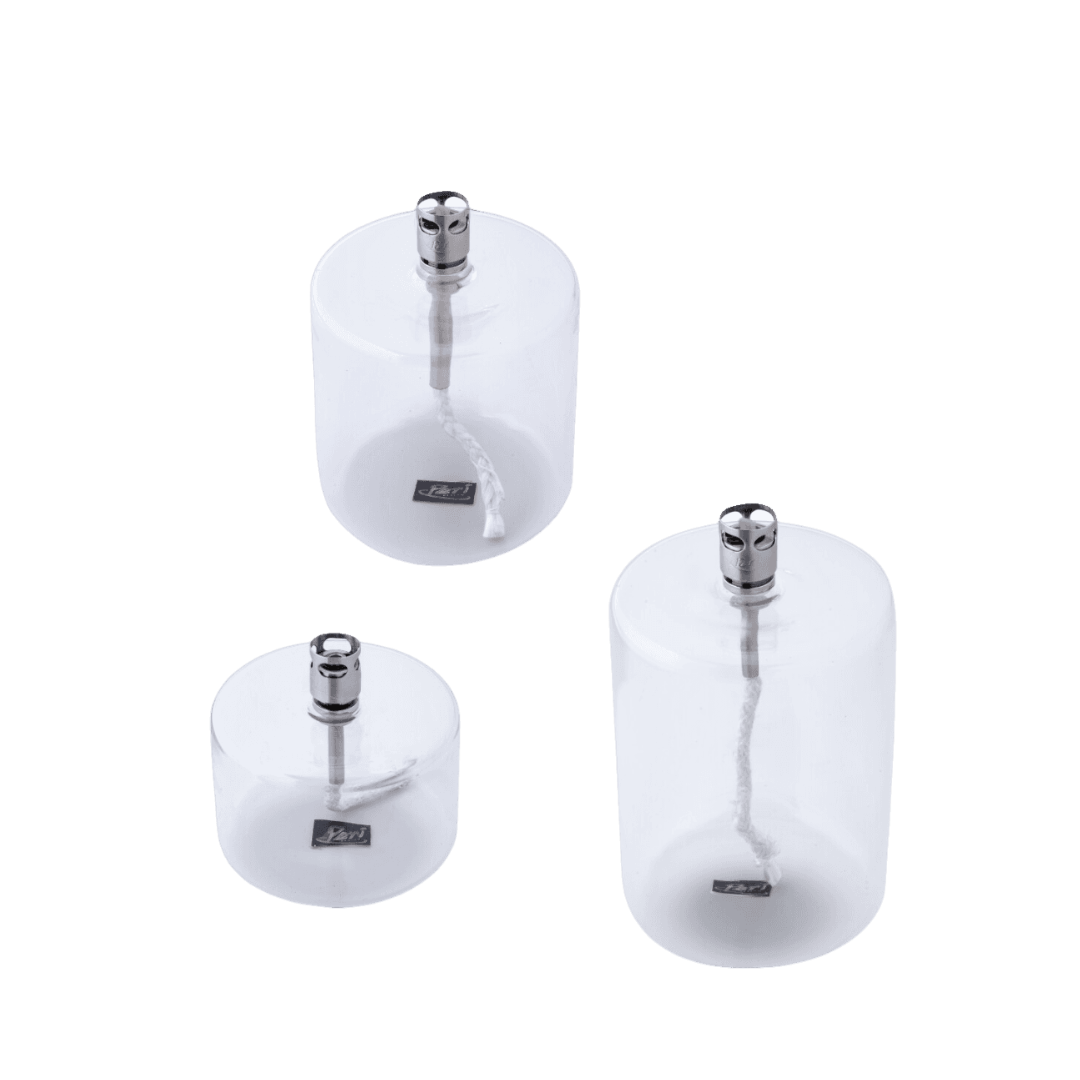 Cylinder Olielampen - elegante cilinder vormige transparant glazen olielampen in 3 verschillende formaten van Peri Living