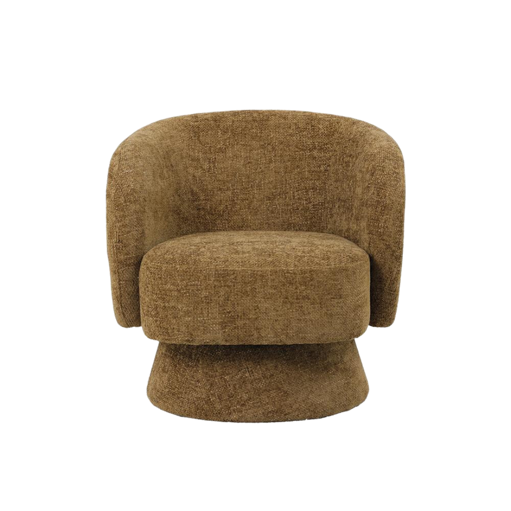 Draaibare fauteuil met een zachte bekleding van chenille in een kaki kleur, vooraanzicht
