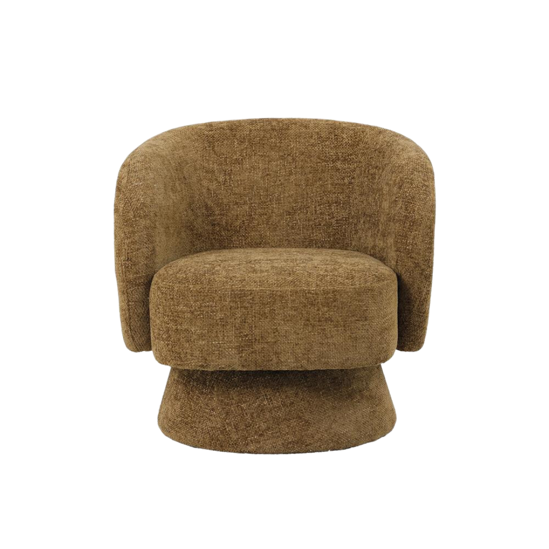 Draaibare fauteuil met een zachte bekleding van chenille in een kaki kleur, vooraanzicht