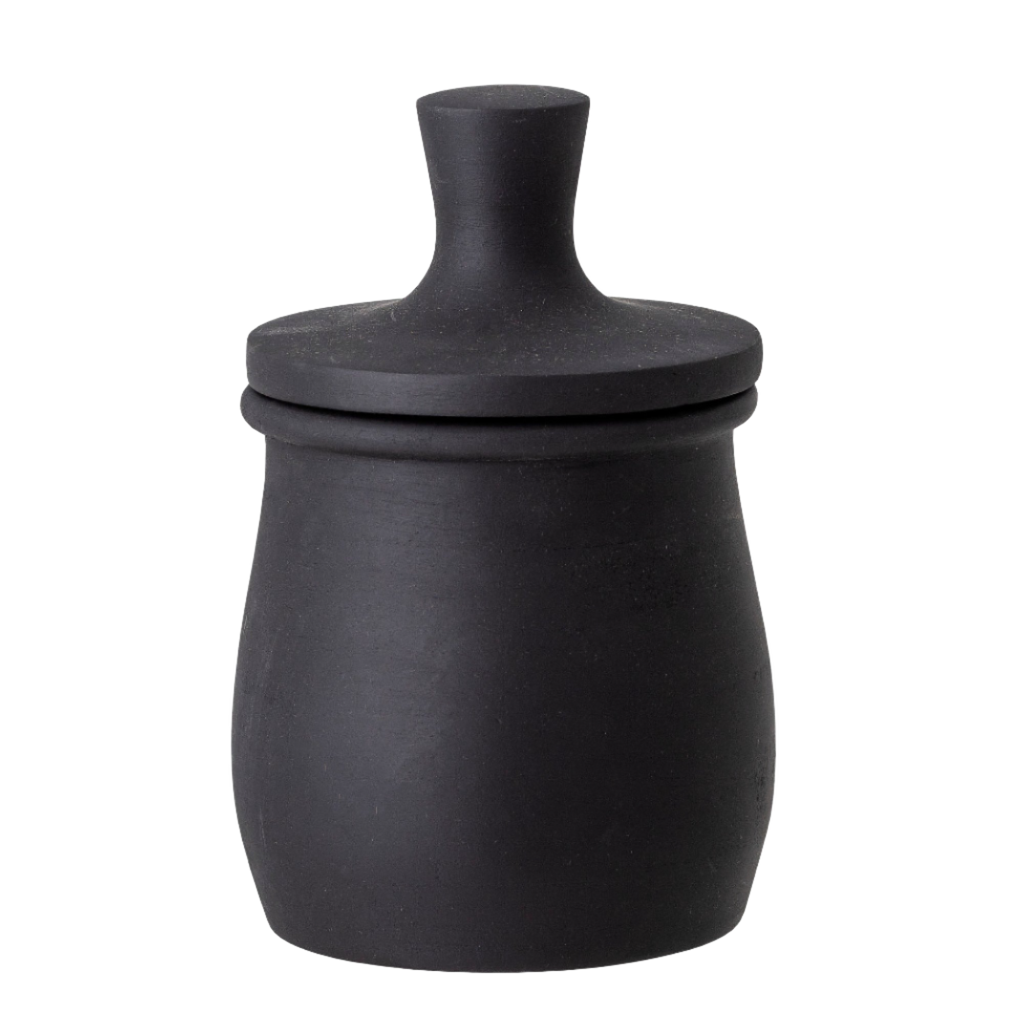 Bloomingville Eike pot met deksel van zwart gelakt mango hout met transparante achtergrond