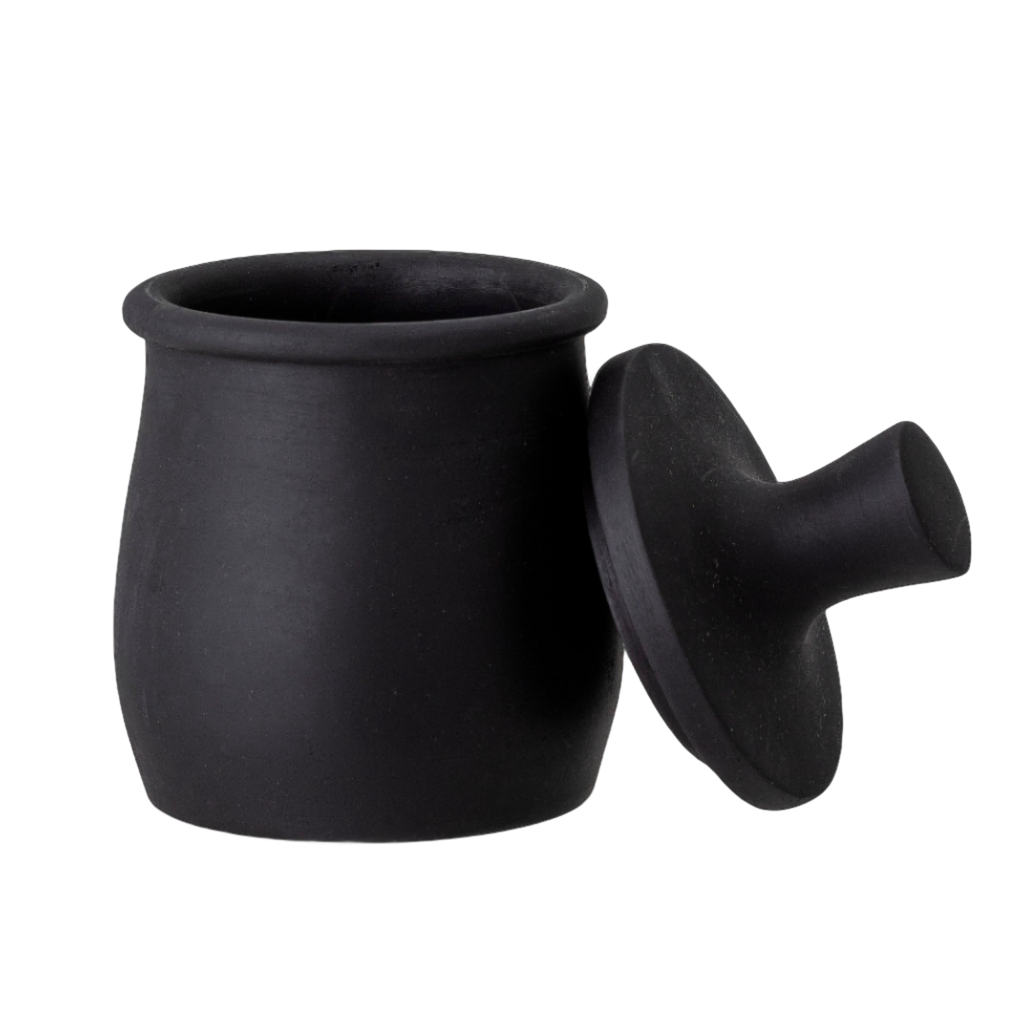 Bloomingville Eike pot met losse deksel van zwart gelakt mango hout op een transparante achtergrond