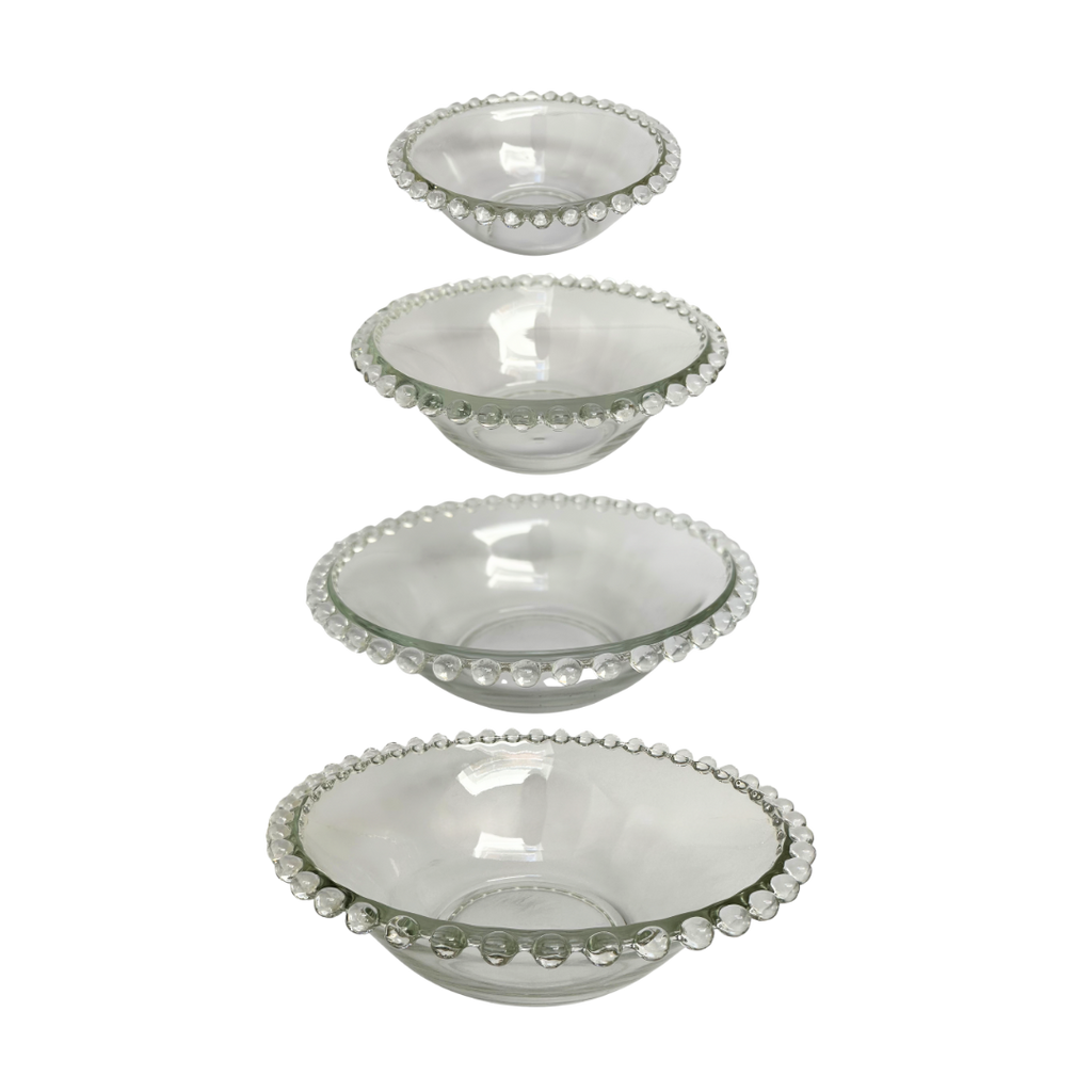 Set van 4 vintage helder transparant glazen schalen met balletjesrand