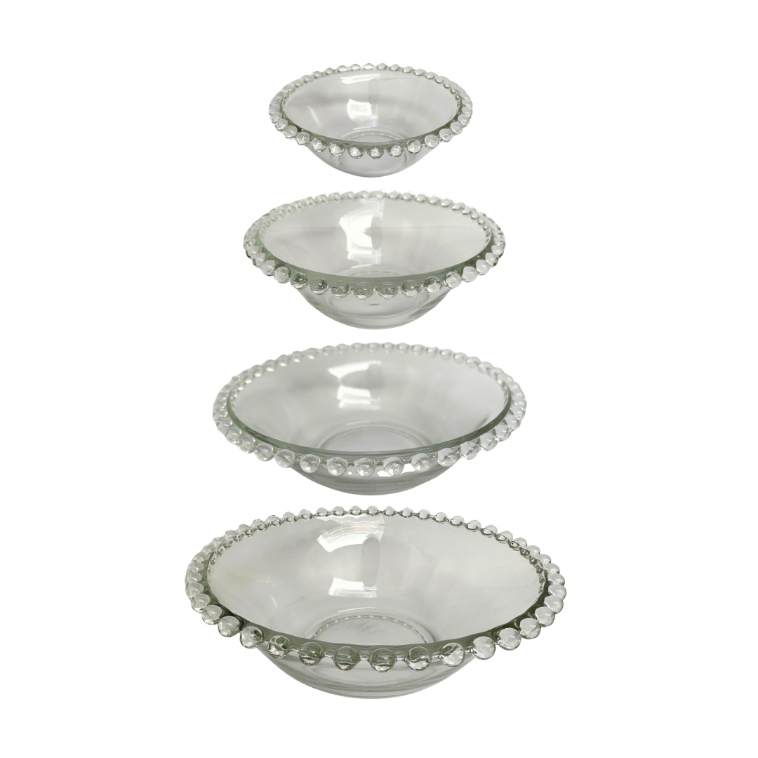 Set van 4 vintage helder transparant glazen schalen met balletjesrand