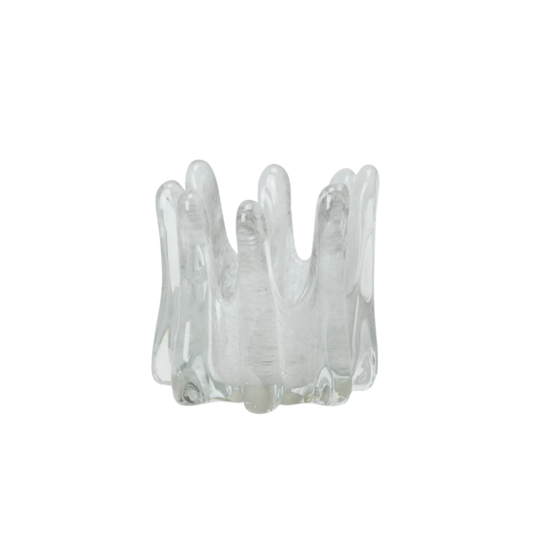 Helix kaarshouder – mondgeblazen glas met unieke, onregelmatige vorm in een lichtgrijze tint