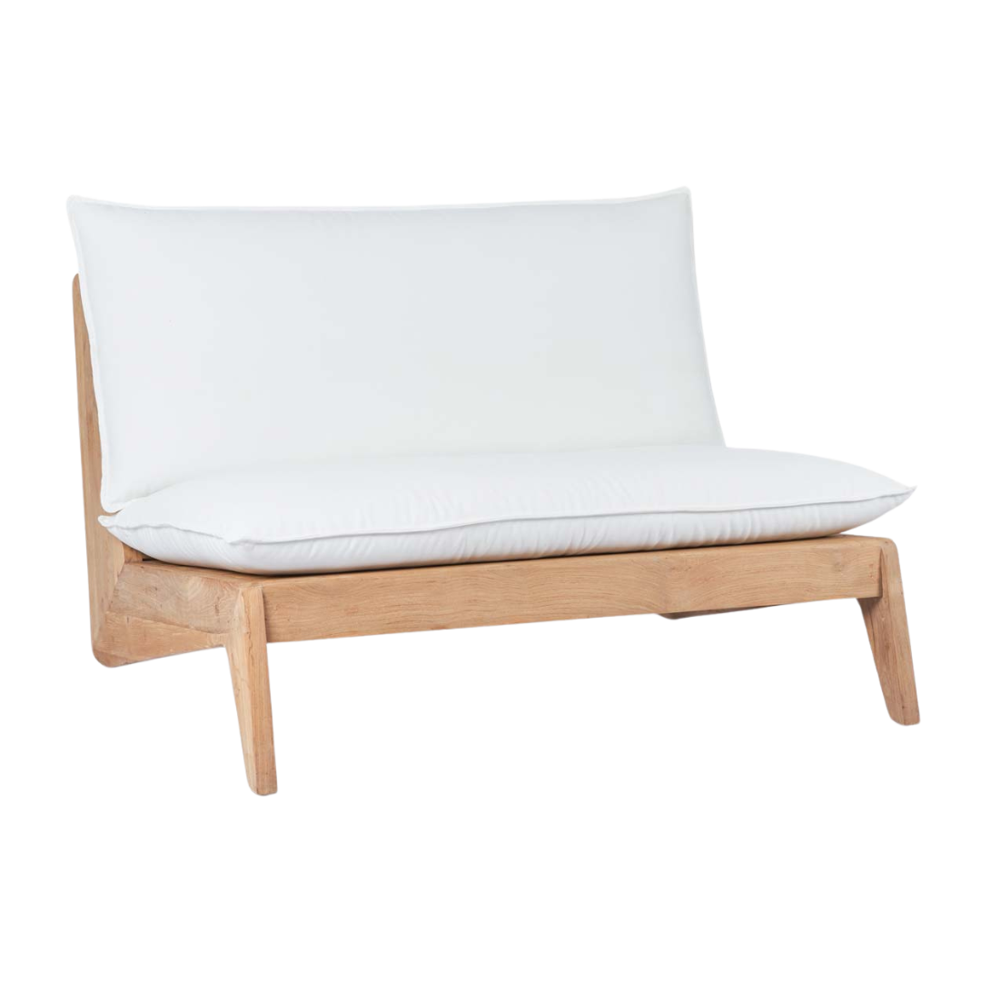 Bazar Bizar Lazy Tweezitter van massief teak hout met zachte, neutrale, witte kussens