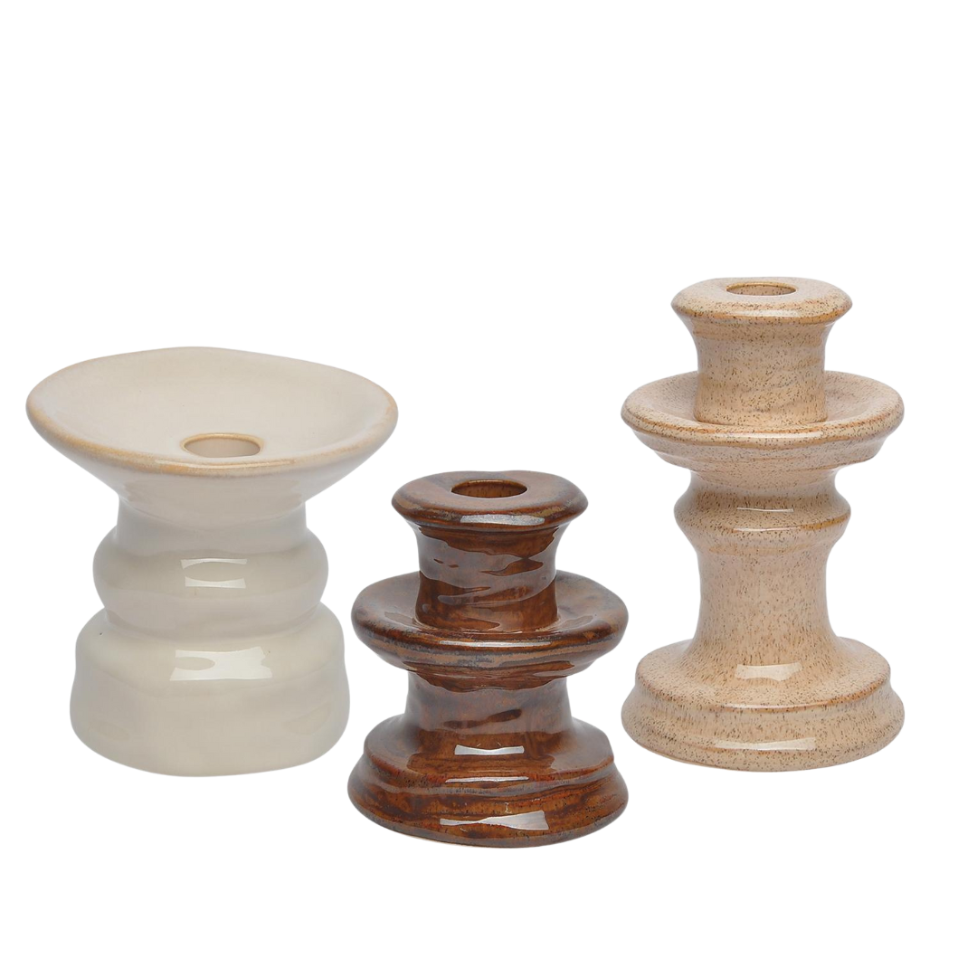 Set van 3 aardewerk kandelaren in prachtige natuurlijke tinten; bruin, zand en crème wit
