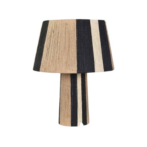 Subtile tafellamp van Opjet Paris met zwart-beige gestreepte jute kap en cilindervormige voet. 