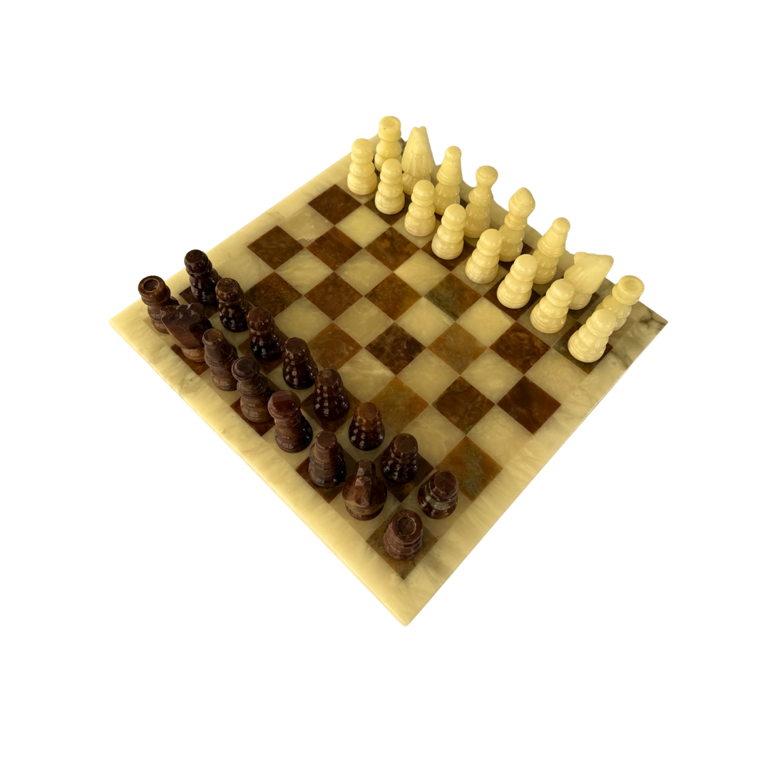 Bruin / Creme natuurstenen handgemaakte schaakset van Genuine Alabaster - Made in Italy