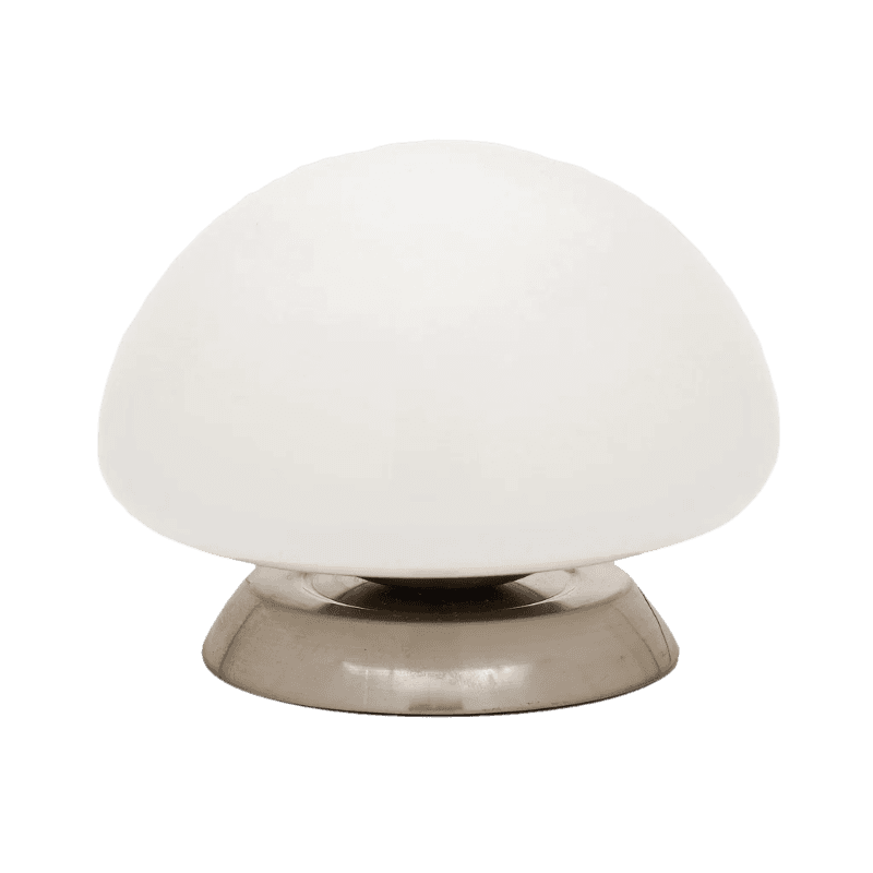 Sfeervolle  design tafellamp met melkglas en roestvrijstalen voet.
